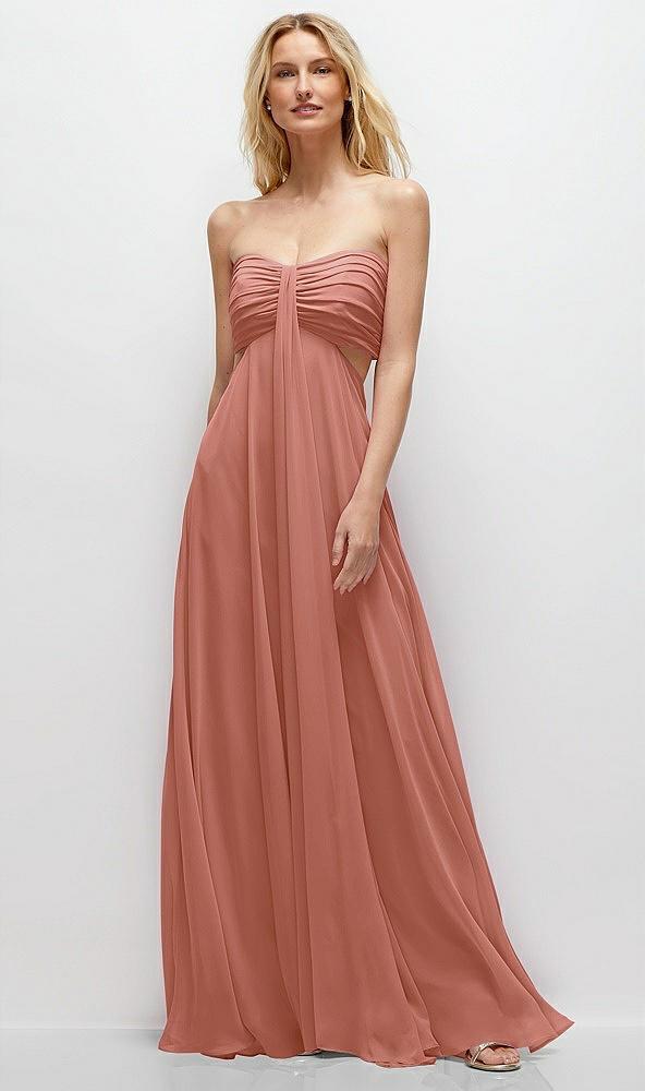 strapless empire waist cutout maxi dress with covered button detail