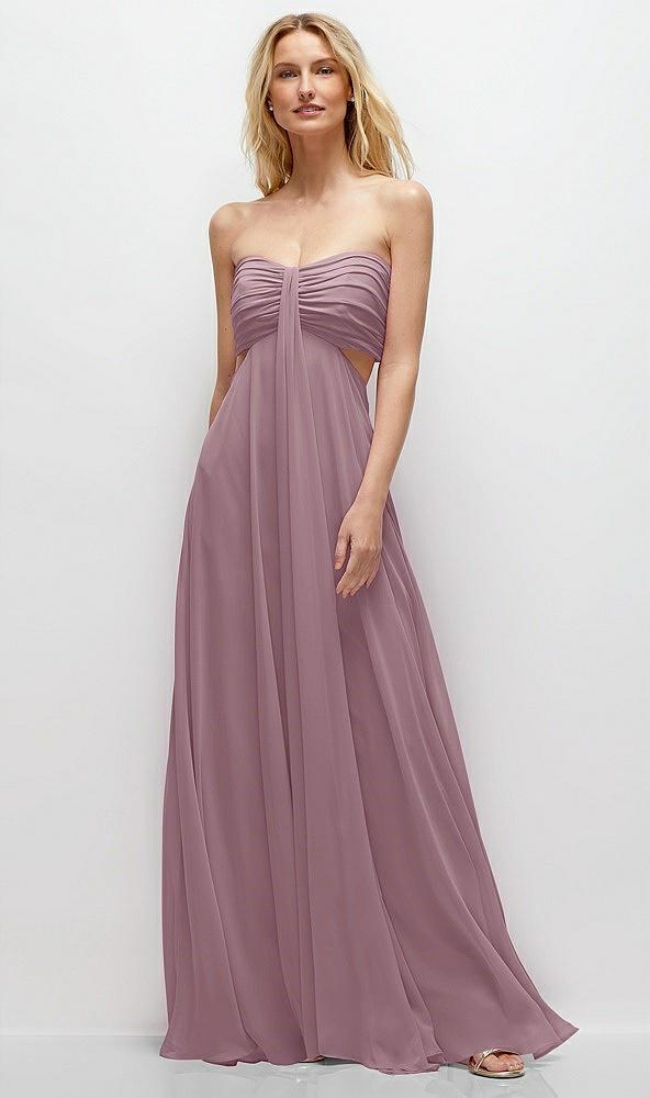 strapless empire waist cutout maxi dress with covered button detail