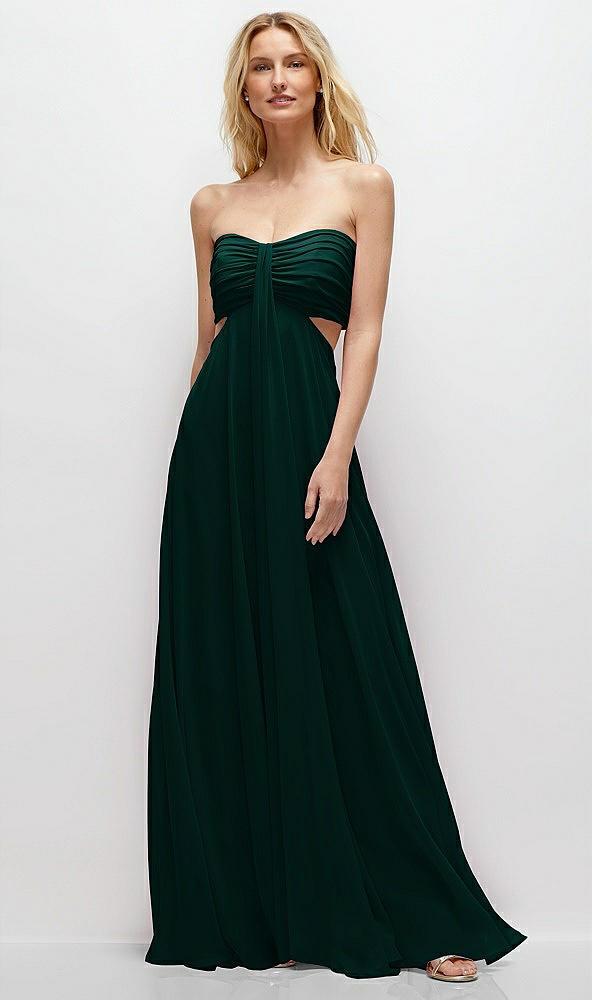 strapless empire waist cutout maxi dress with covered button detail
