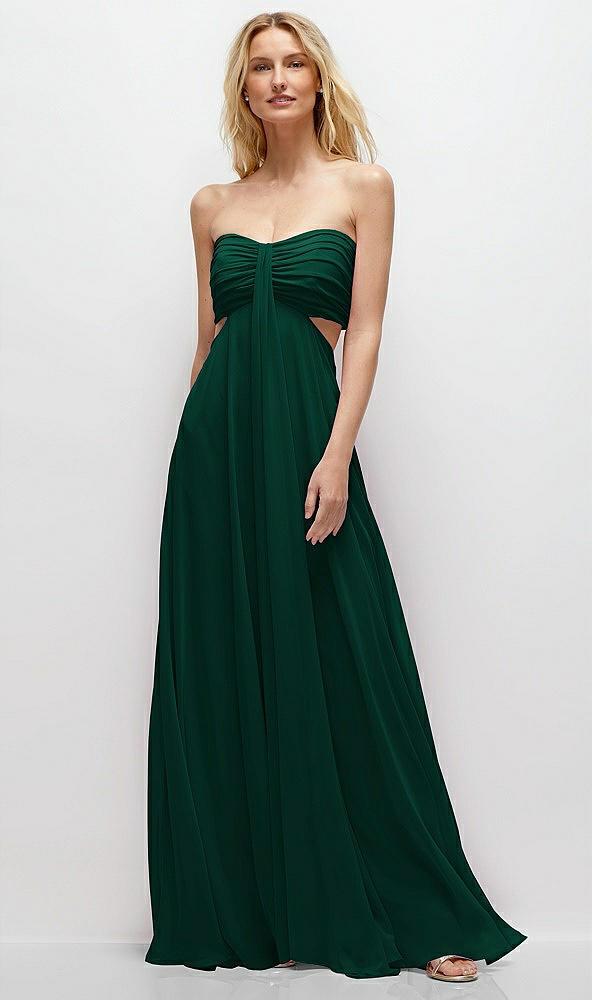strapless empire waist cutout maxi dress with covered button detail