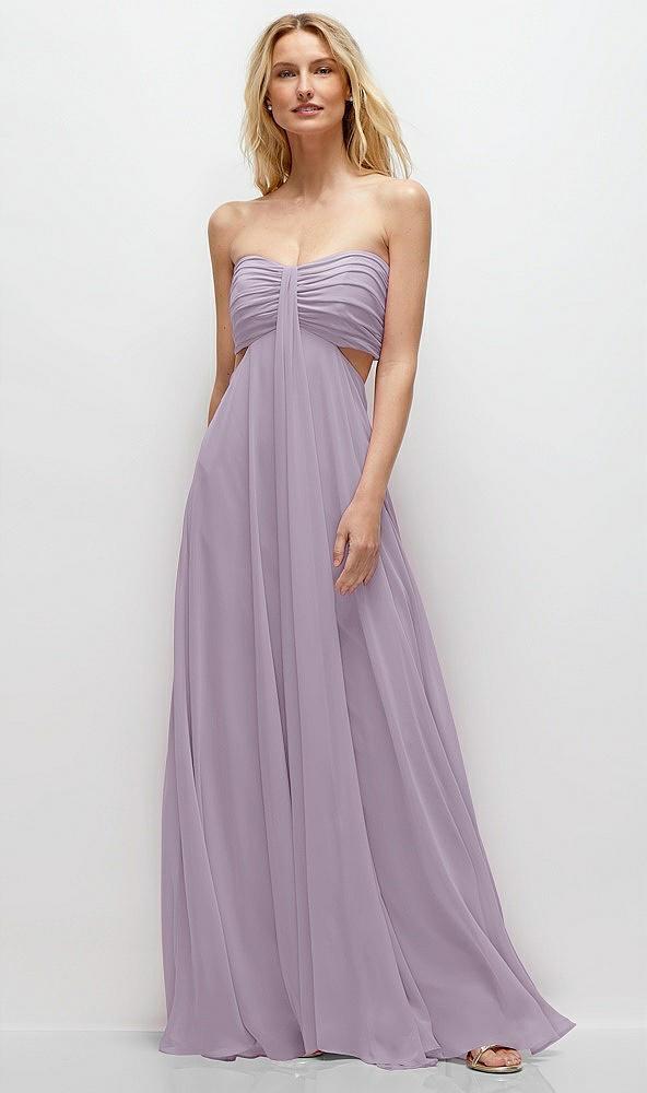 strapless empire waist cutout maxi dress with covered button detail