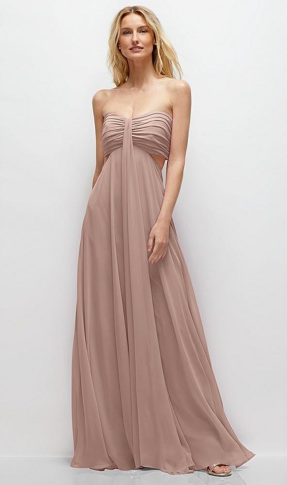 strapless empire waist cutout maxi dress with covered button detail