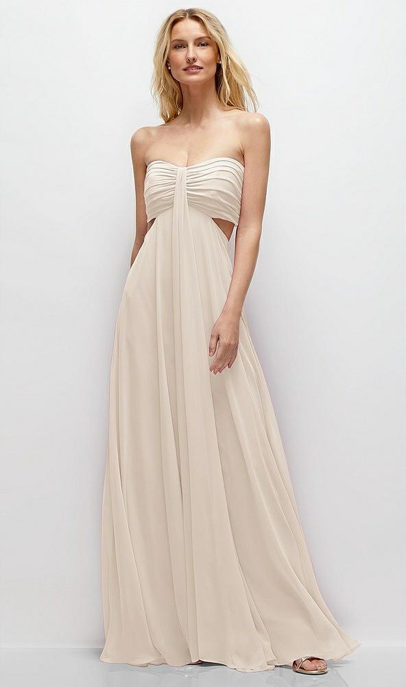 strapless empire waist cutout maxi dress with covered button detail