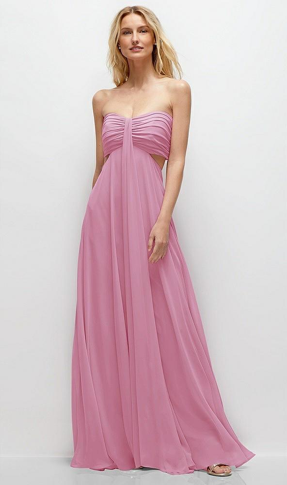 strapless empire waist cutout maxi dress with covered button detail