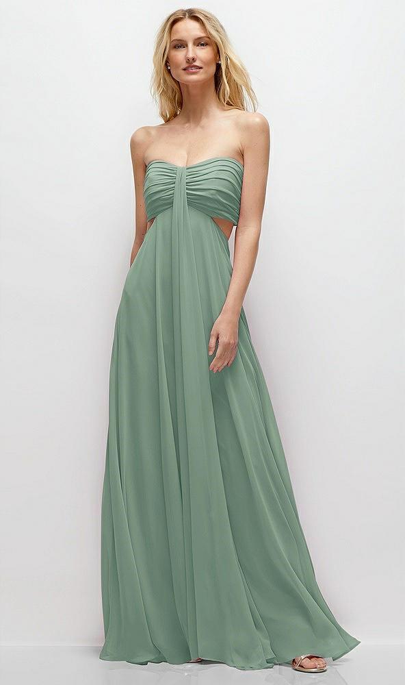strapless empire waist cutout maxi dress with covered button detail