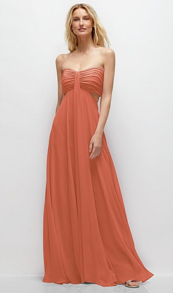 strapless empire waist cutout maxi dress with covered button detail
