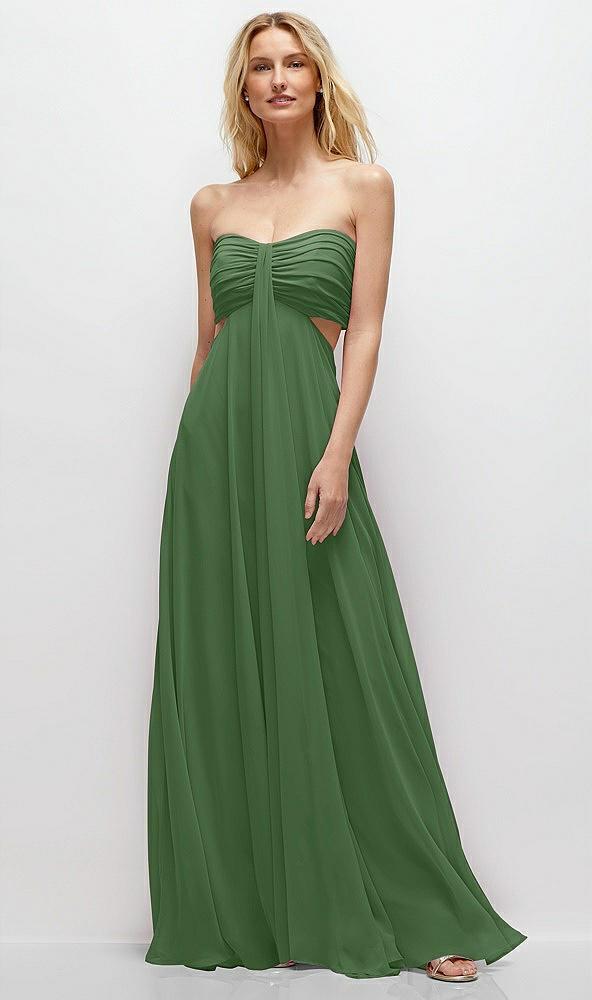 strapless empire waist cutout maxi dress with covered button detail