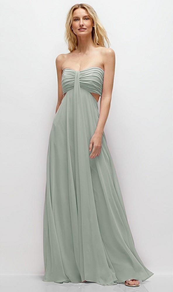 strapless empire waist cutout maxi dress with covered button detail