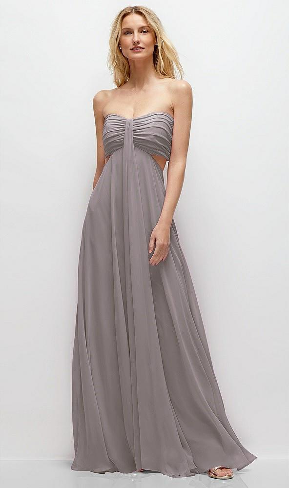 strapless empire waist cutout maxi dress with covered button detail