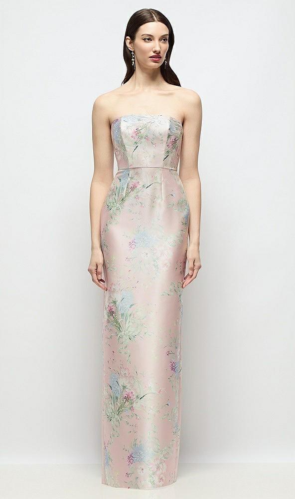 strapless esme floral satin column dress with back slit