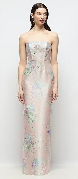 strapless esme floral satin column dress with back slit