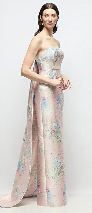 strapless esme floral satin column dress with removable watteau train