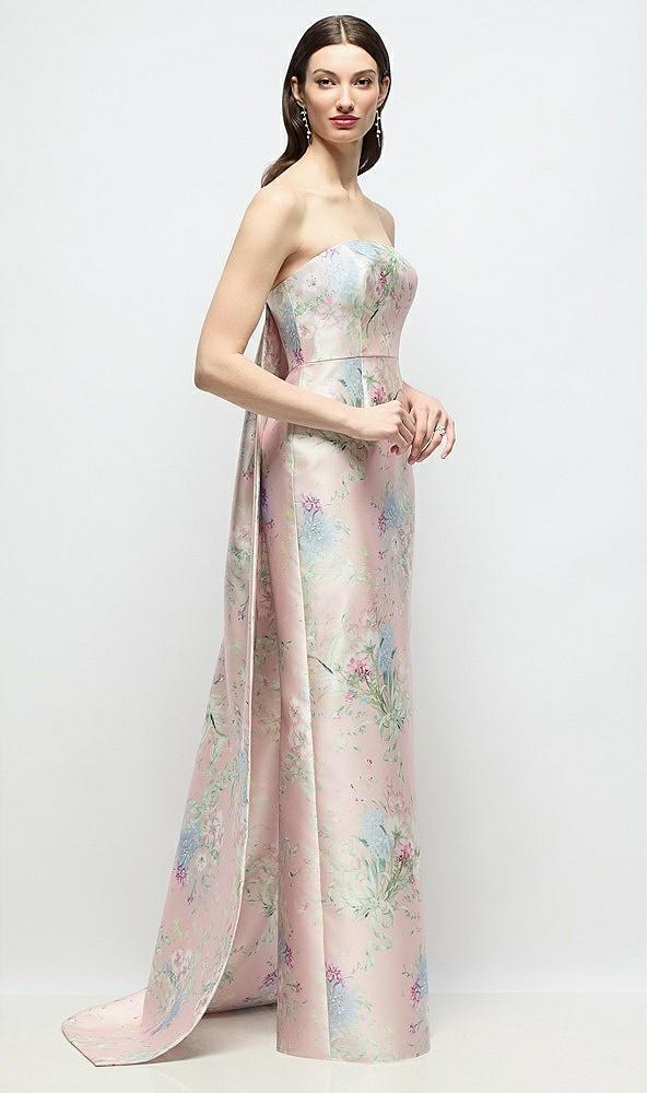 strapless esme floral satin column dress with removable watteau train