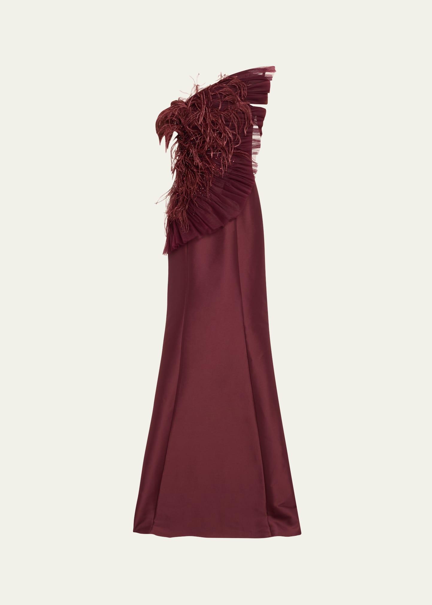 strapless feather-embellished fan ruffle gown