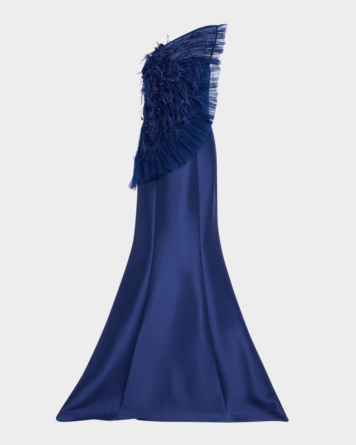 strapless feather ruffle trumpet gown