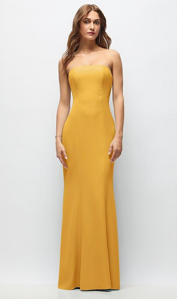 strapless fit and flare crepe maxi dress