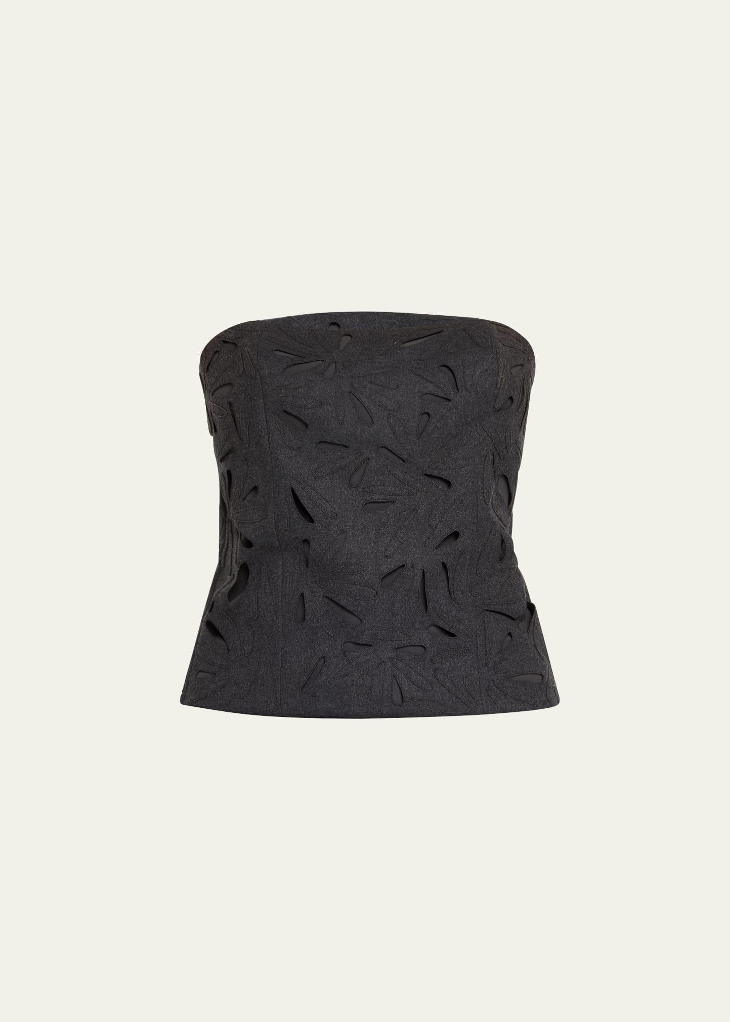 strapless flannel wool top with laser-cut embroidery