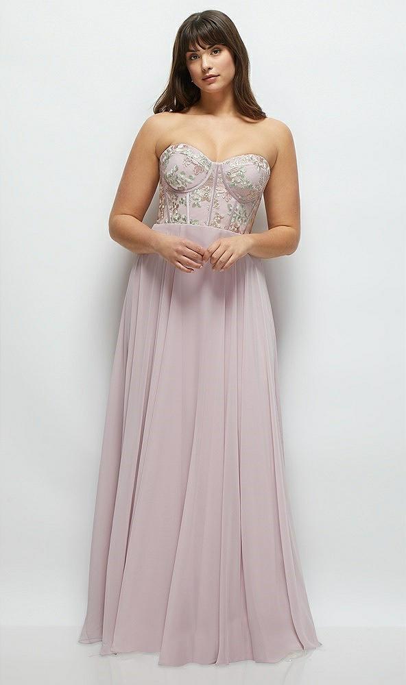 strapless floral embroidered corset maxi dress with chiffon skirt