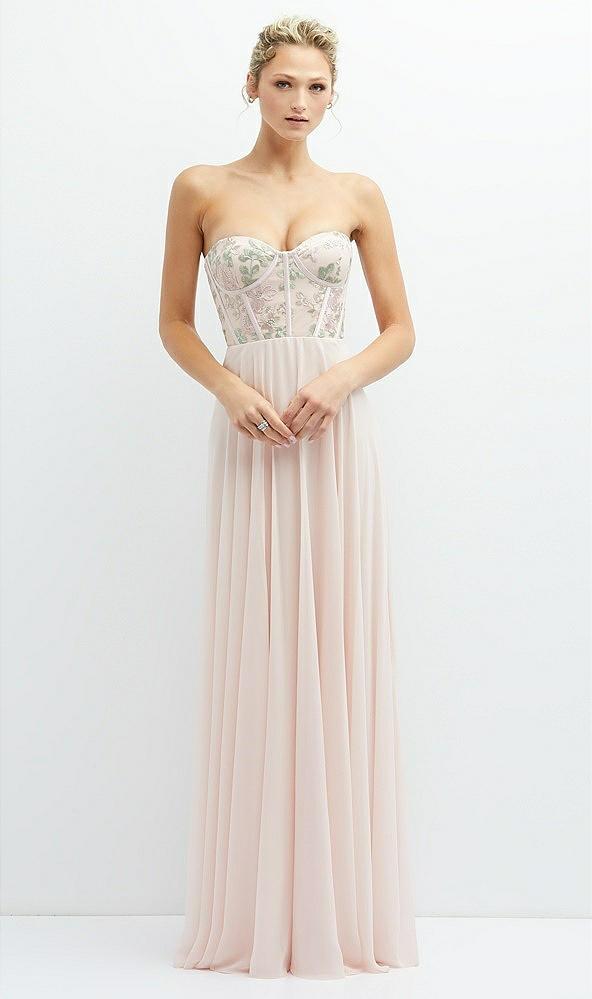 strapless floral embroidered corset maxi dress with chiffon skirt