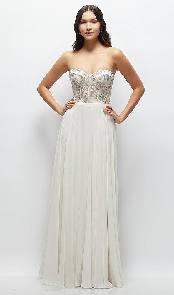 strapless floral embroidered corset maxi dress with chiffon skirt