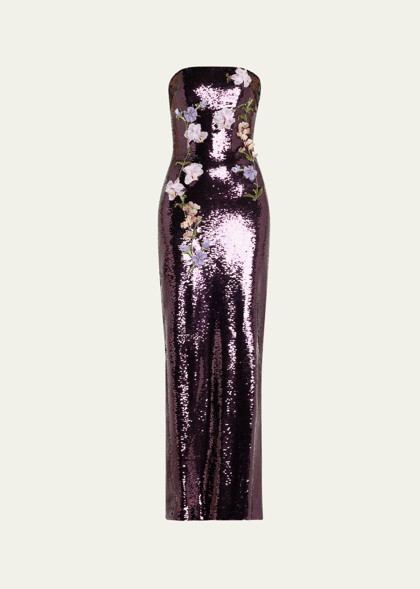strapless floral-embroidered sequin column gown