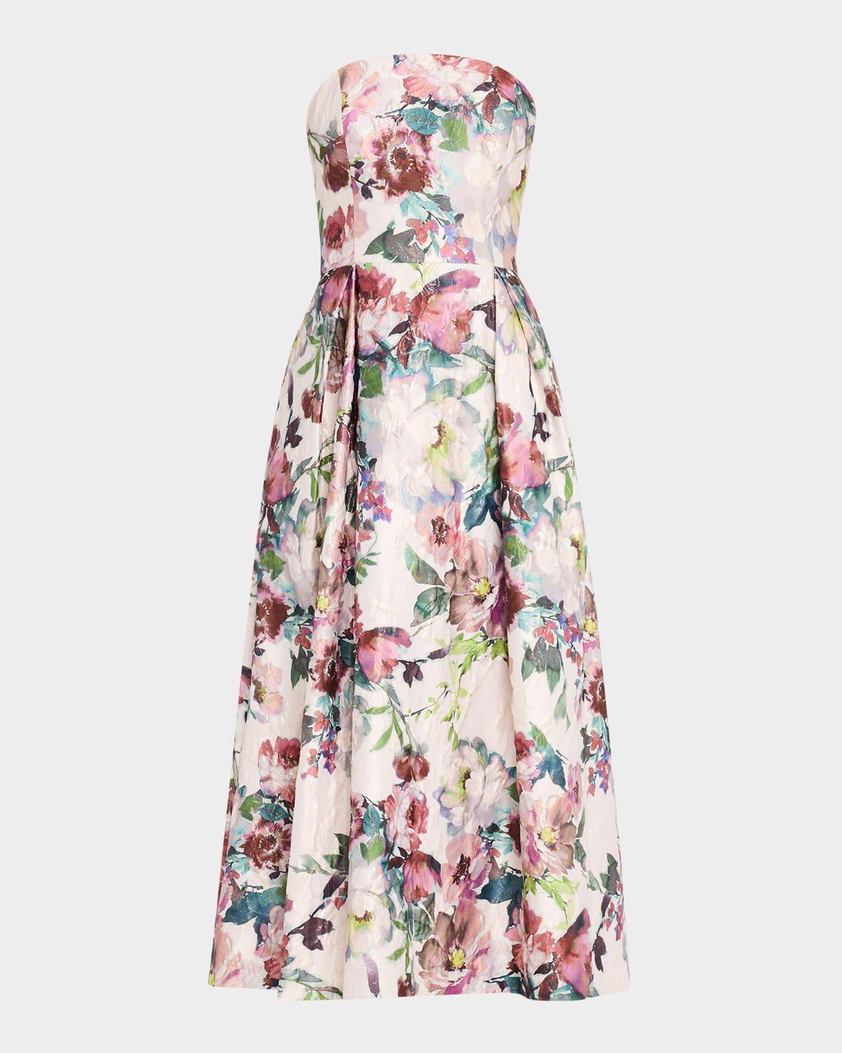 strapless floral jacquard midi dress
