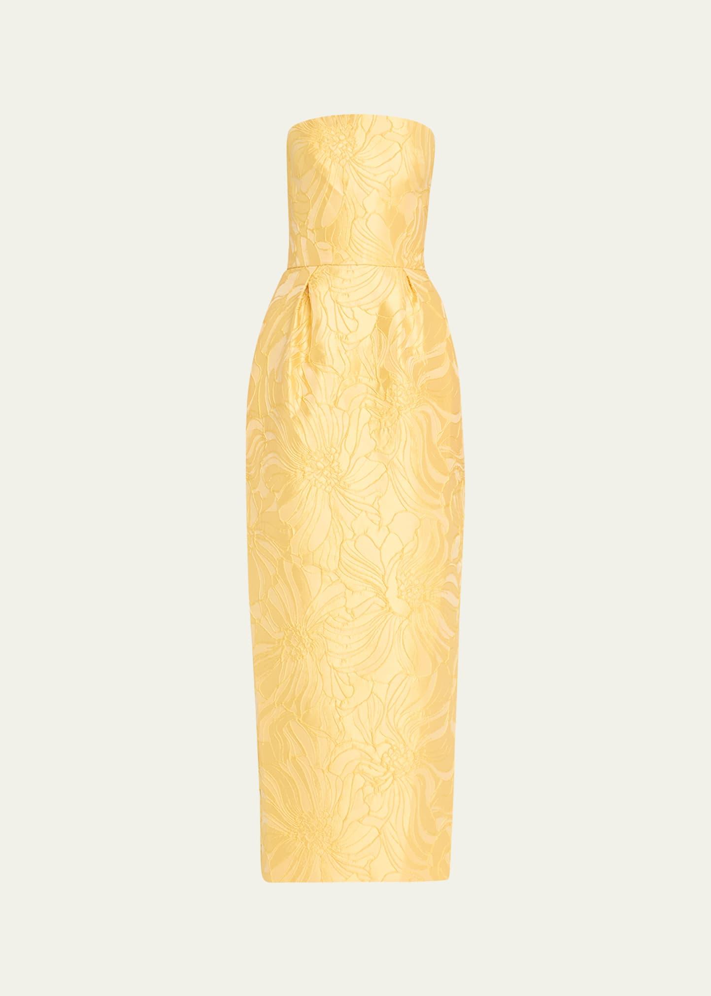 strapless floral jacquard pleated ankle dress
