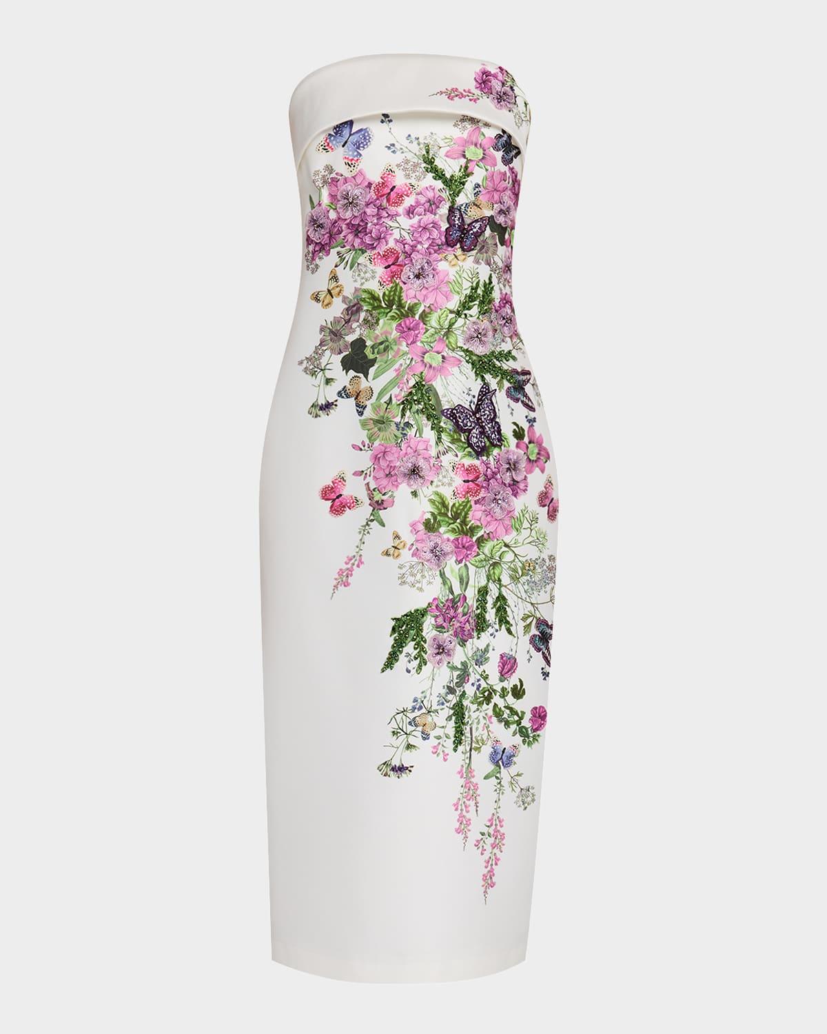 strapless floral-print applique midi dress