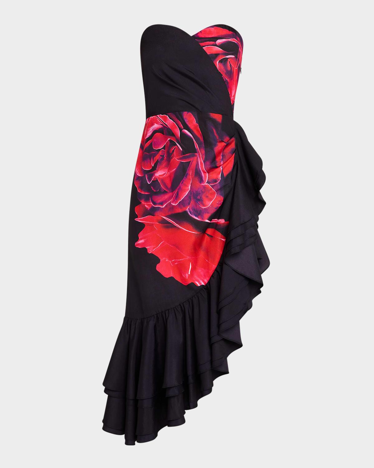 strapless floral-print asymmetric midi dress