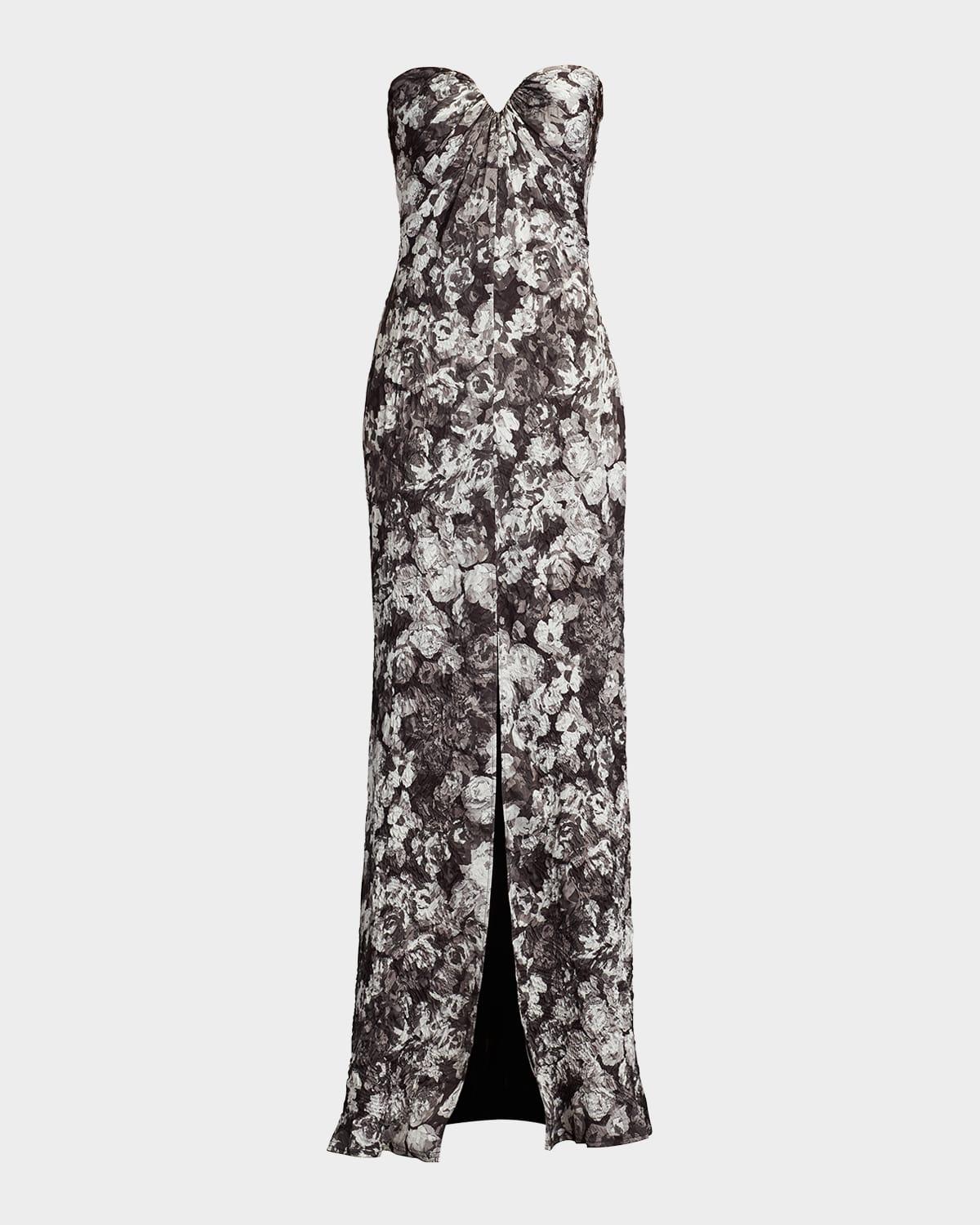 strapless floral-print column gown