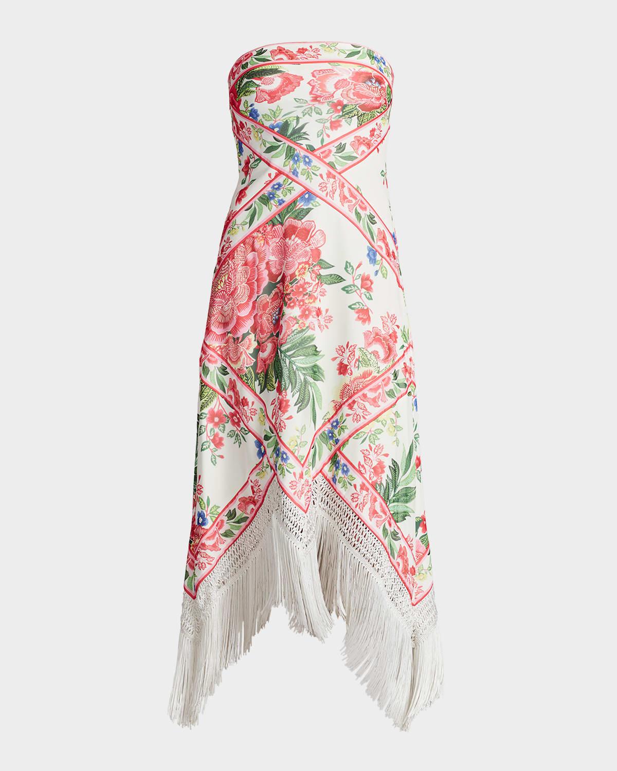 strapless floral-print fringe midi dress