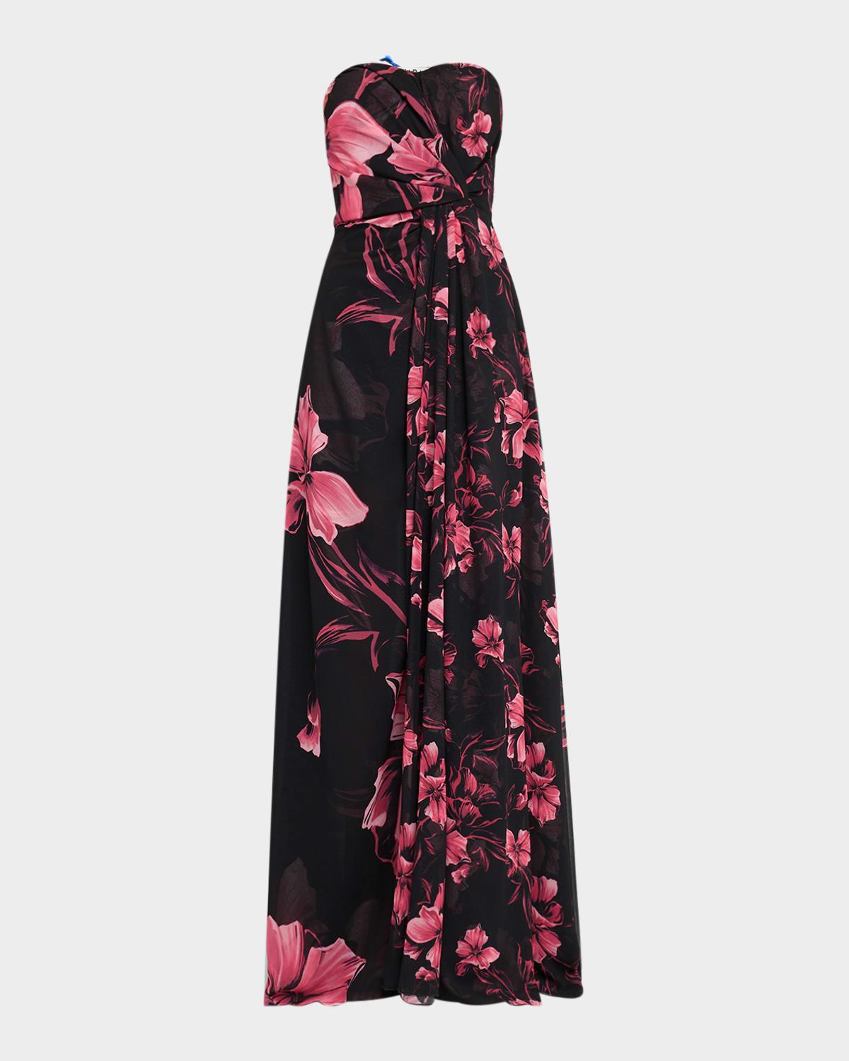 strapless floral-print georgette gown