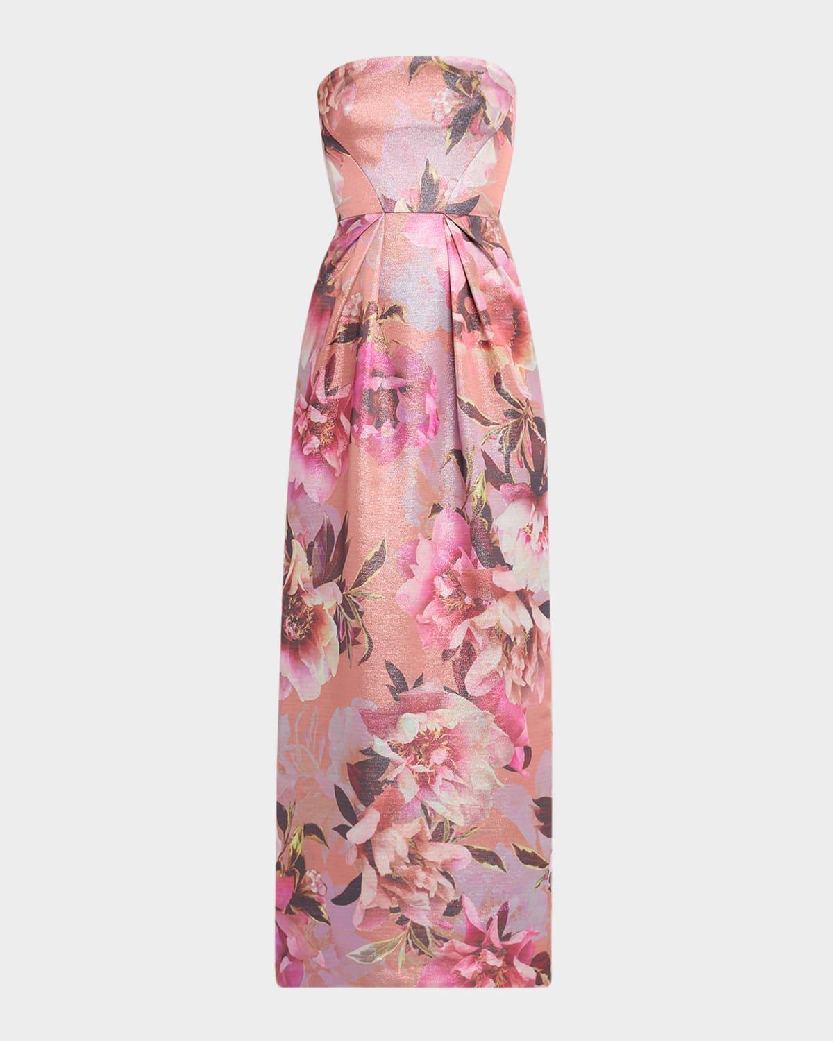 strapless floral-print shimmer gown
