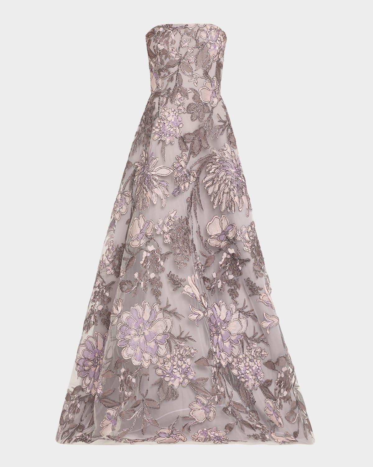strapless floral raffia embroidered gown