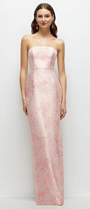 strapless floral satin column dress with back slit
