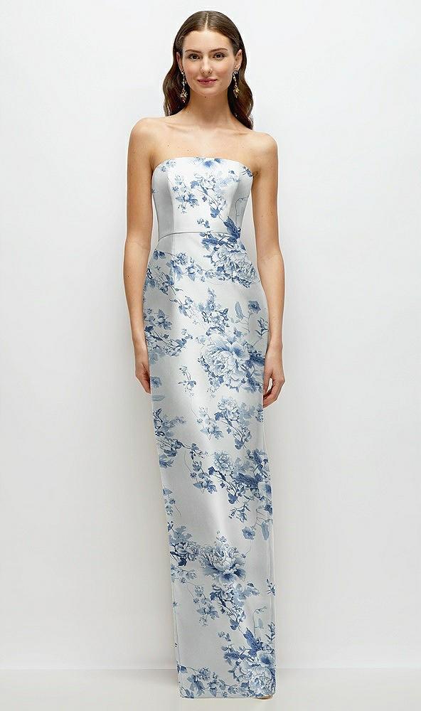 strapless floral satin column dress with back slit