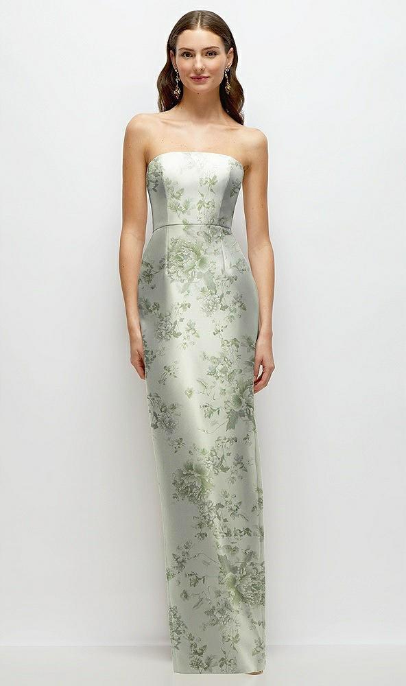 strapless floral satin column dress with back slit