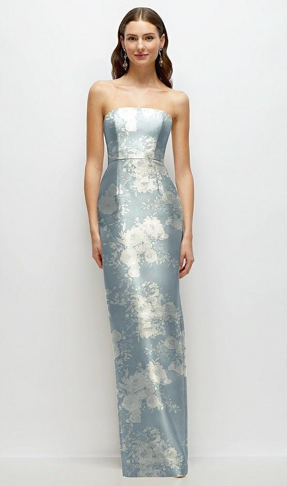strapless floral satin column dress with back slit