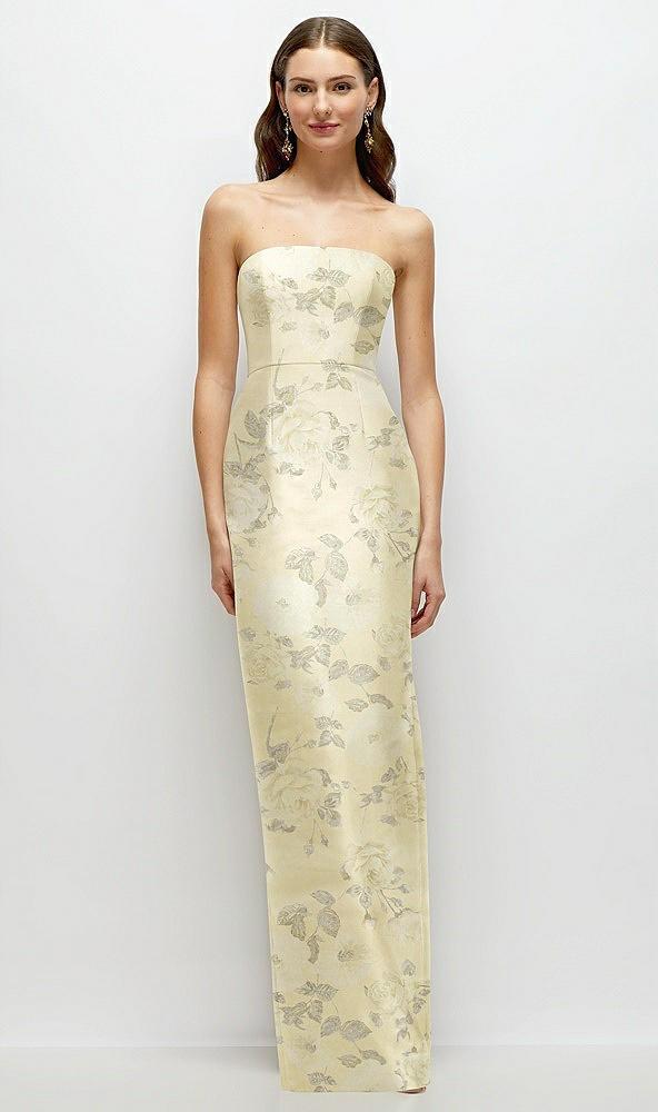 strapless floral satin column dress with back slit