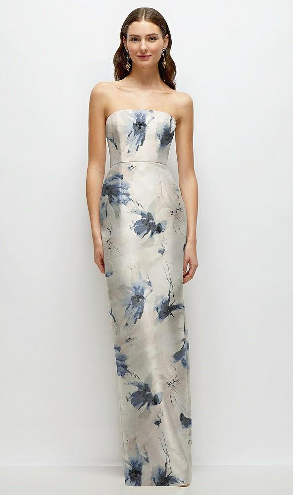 strapless floral satin column dress with back slit