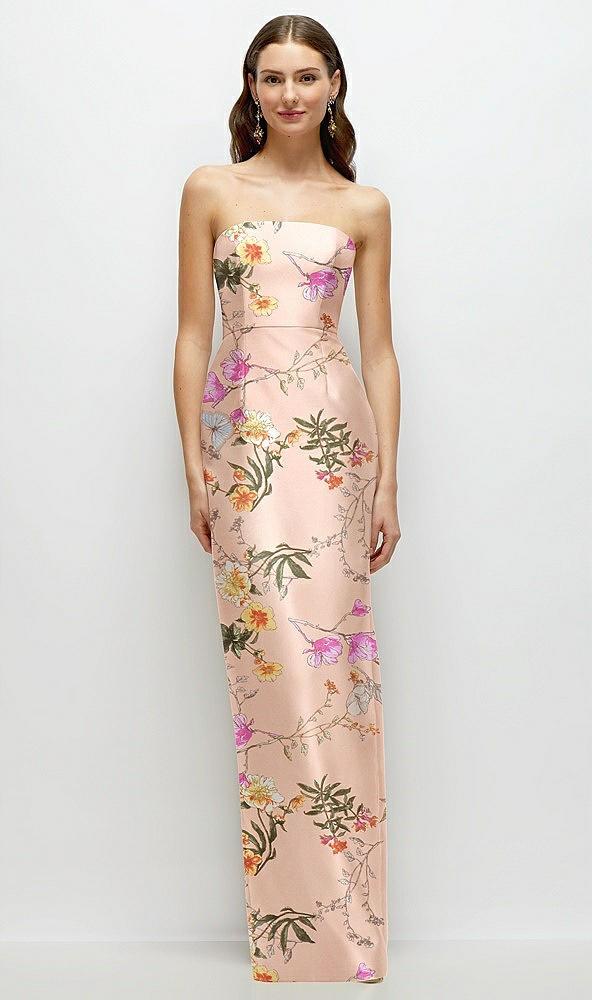 strapless floral satin column dress with back slit