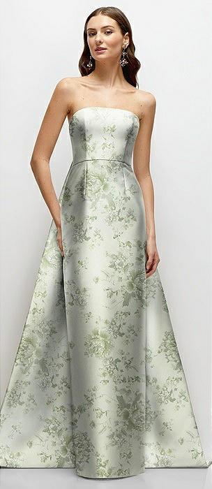 strapless floral satin column dress with removeable watteau train