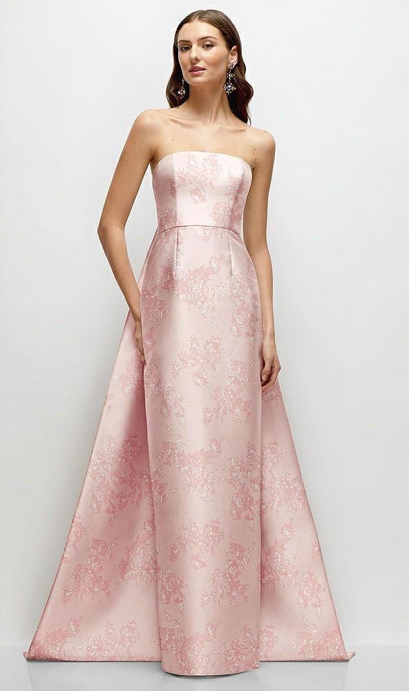 strapless floral satin column dress with removeable watteau train