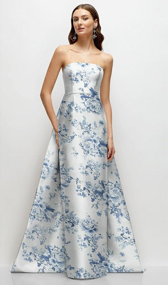 strapless floral satin column dress with removeable watteau train