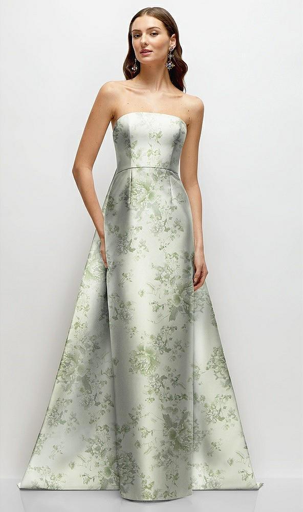 strapless floral satin column dress with removeable watteau train