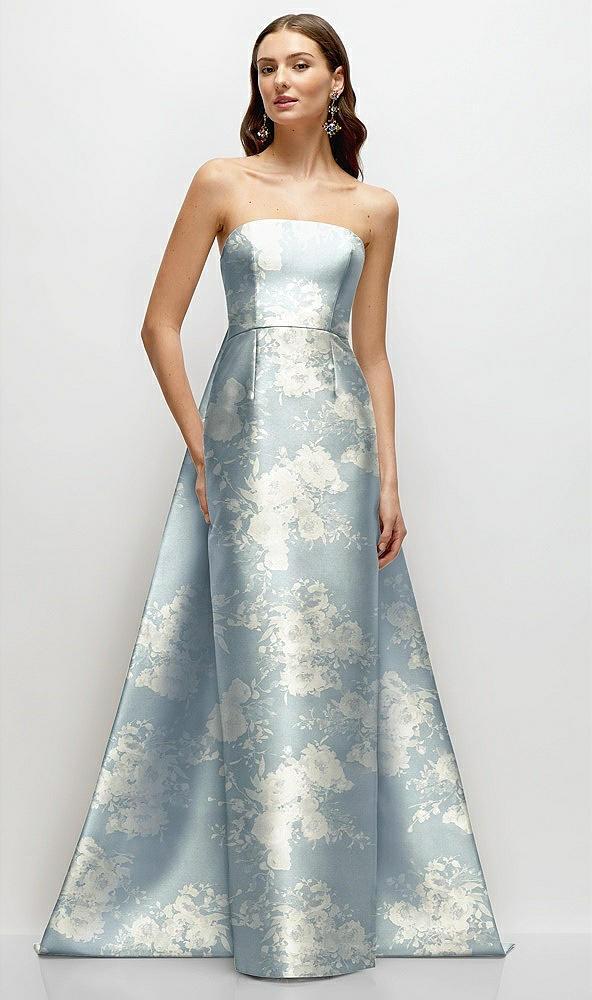 strapless floral satin column dress with removeable watteau train