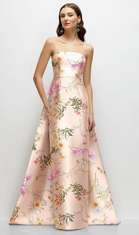 strapless floral satin column dress with removeable watteau train