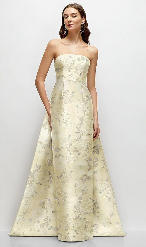 strapless floral satin column dress with removeable watteau train