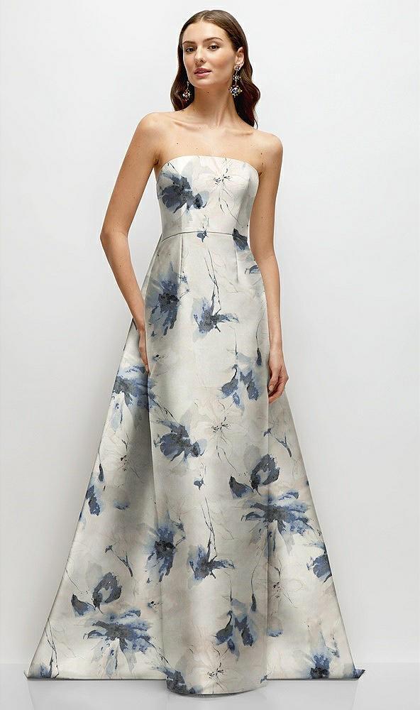 strapless floral satin column dress with removeable watteau train