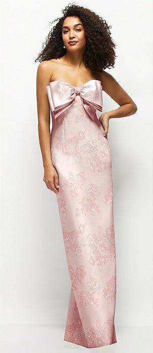 strapless floral satin column maxi dress with oversized bow